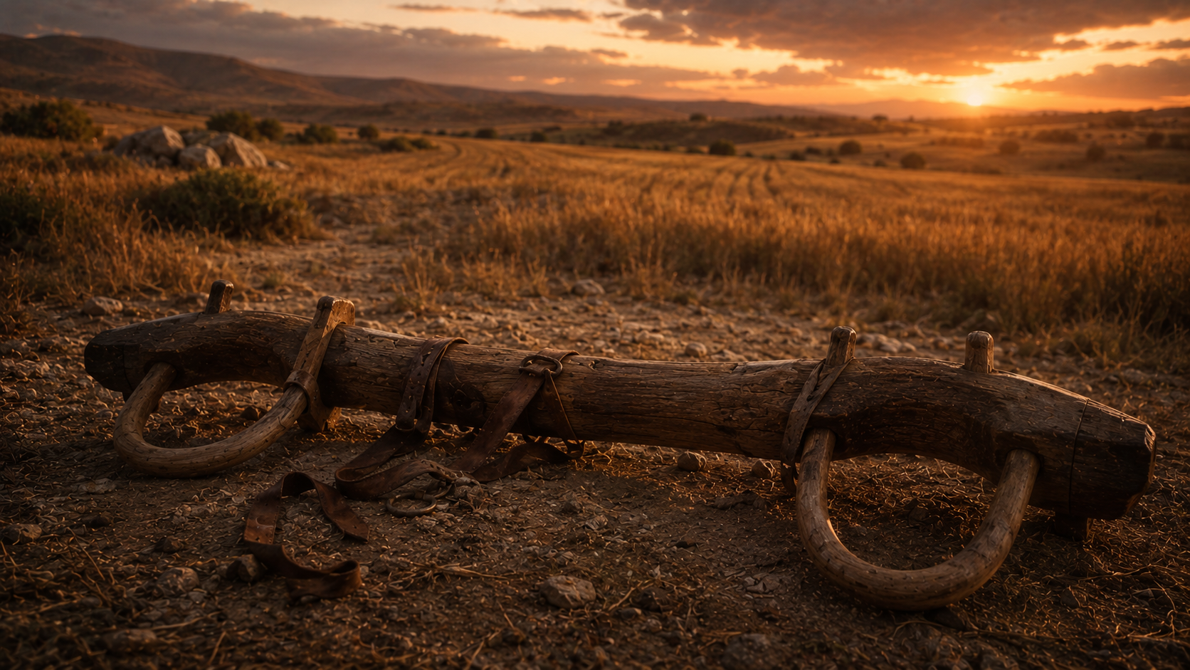 A heavy wooden ox-yoke set down and unfastened on the ground at golden hour, evoking the yoke of slavery Christ removed in Galatians 5:1