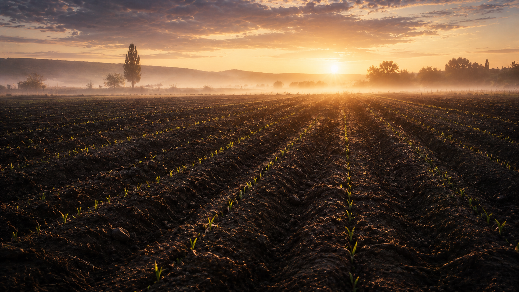 Freshly plowed furrows with faint green shoots emerging across a field at dawn, evoking sowing to the Spirit and the harvest in due season in Galatians 6:7-9