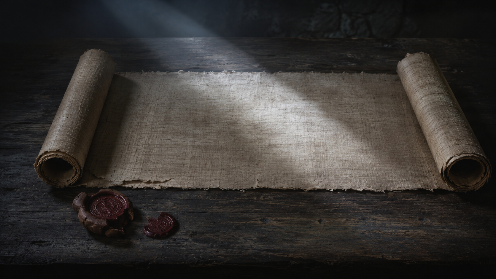 An unrolled papyrus letter with a broken wax seal beside it on a dark table in cool light, evoking the urgent, thanksgiving-less opening of Galatians