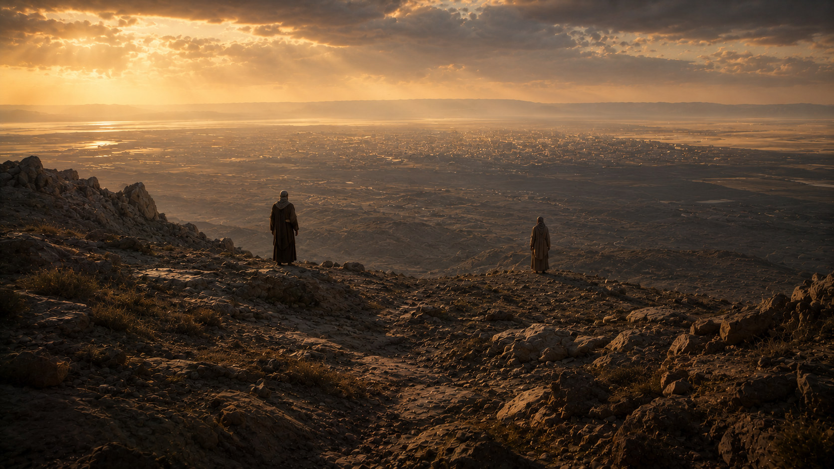 A high stony ridge at late afternoon with two distant figures looking down toward the dim cities of the plain in the haze below, evoking Abraham's intercession for Sodom in Genesis 18