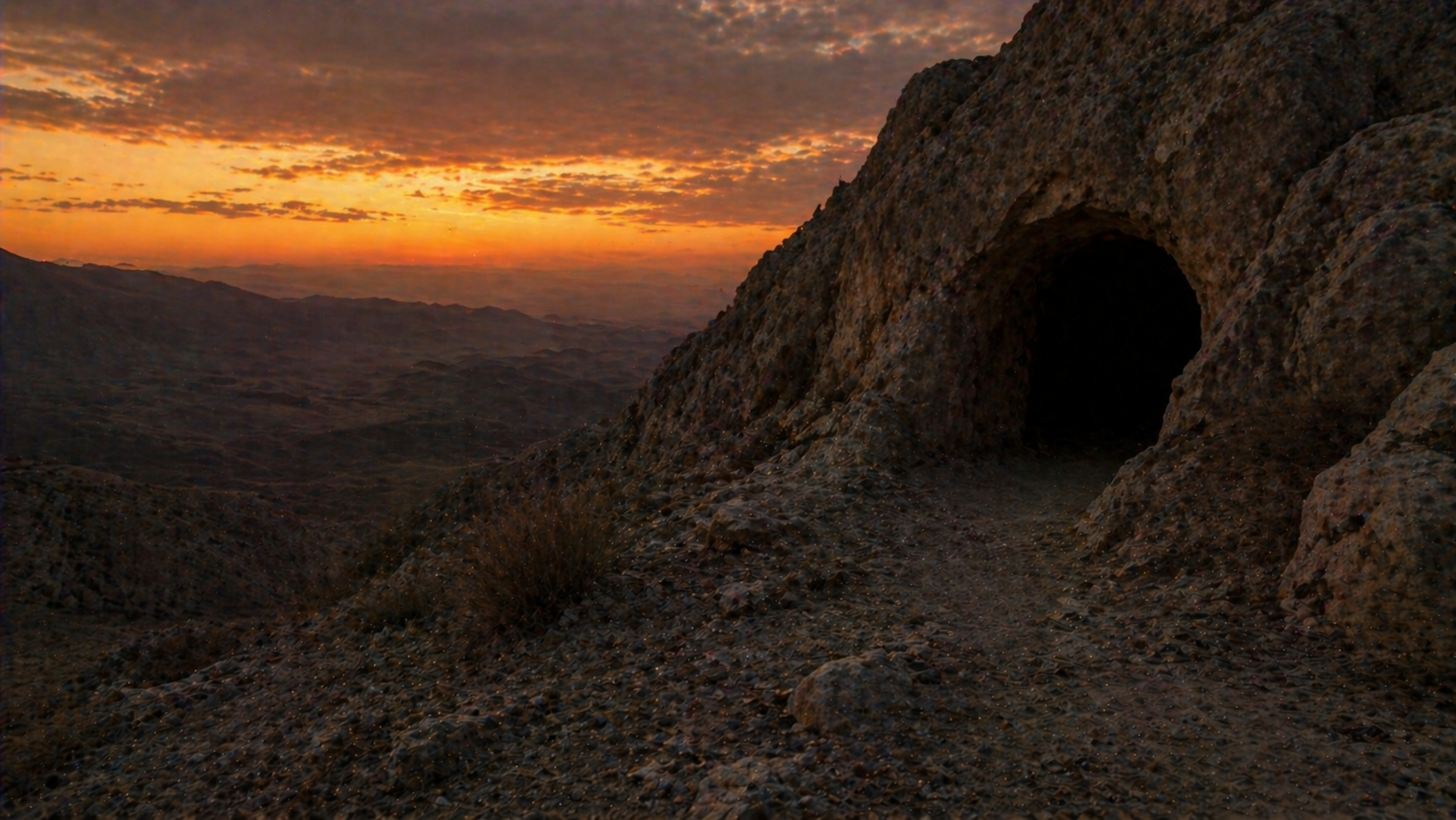 A small dark cave entrance in a mountainside at dusk, evoking the cave where Lot's family ended in Genesis 19
