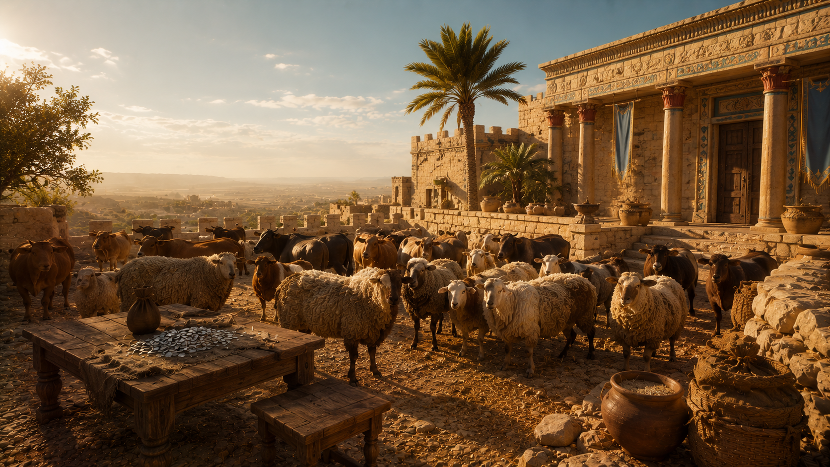 An open courtyard outside a small Philistine palace at morning with a herd of livestock and a scribe's table with silver pieces, evoking Abimelech's public restitution in Genesis 20