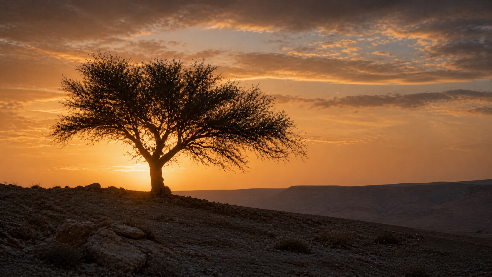 A solitary tamarisk tree at dawn on a low ridge in the Negev, evoking Abraham's planting at Beer-sheba in Genesis 21
