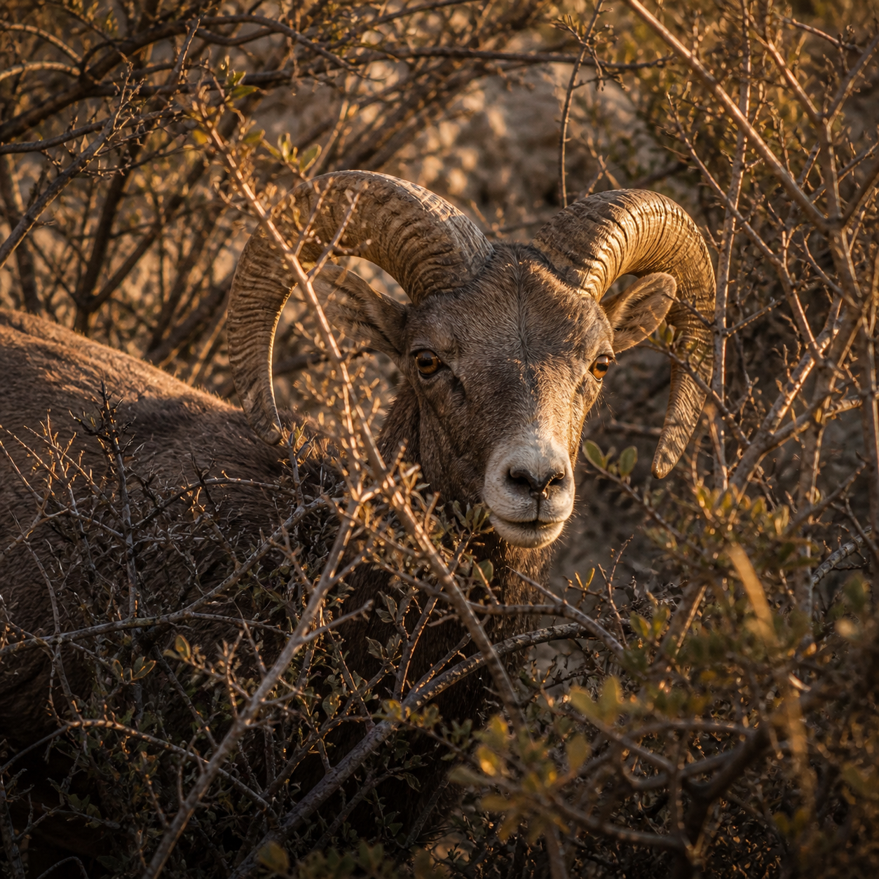 A ram caught by its horns in a dense thicket at golden hour, evoking the substitute provided in Genesis 22