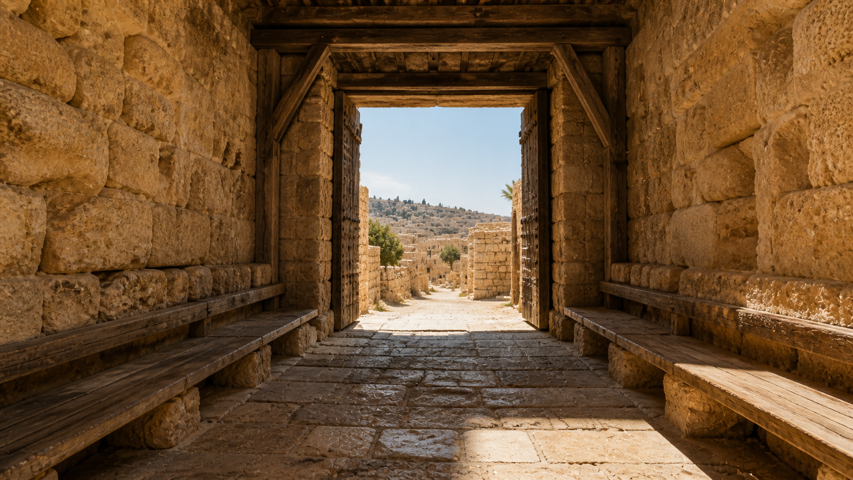 An ancient Levantine city gate with stone benches inside, evoking the public negotiation at the gate of Hebron in Genesis 23