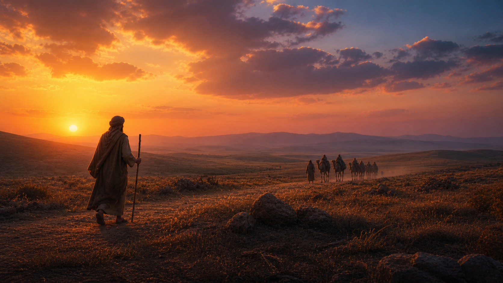 A man walking in a field at dusk with a distant camel caravan approaching, evoking Isaac's meeting with Rebekah in Genesis 24