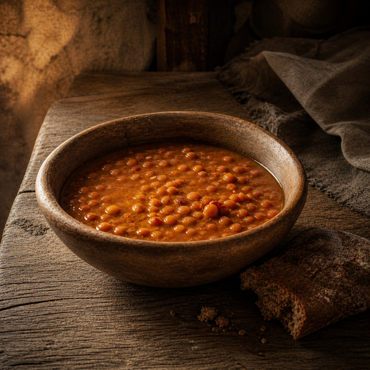 A simple wooden bowl of red lentil stew with bread on a rough wooden table, evoking Esau's trade of his birthright in Genesis 25