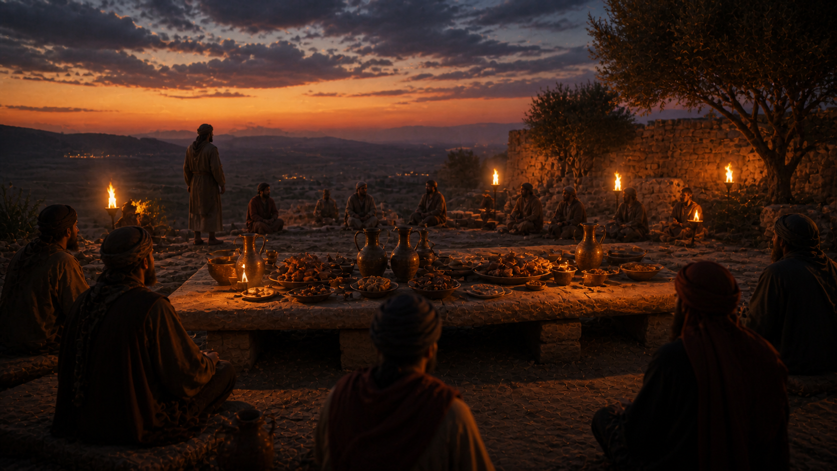 An ancient outdoor covenant feast at dusk with a stone table and torchlight, evoking the treaty between Isaac and Abimelech at Beer-sheba in Genesis 26