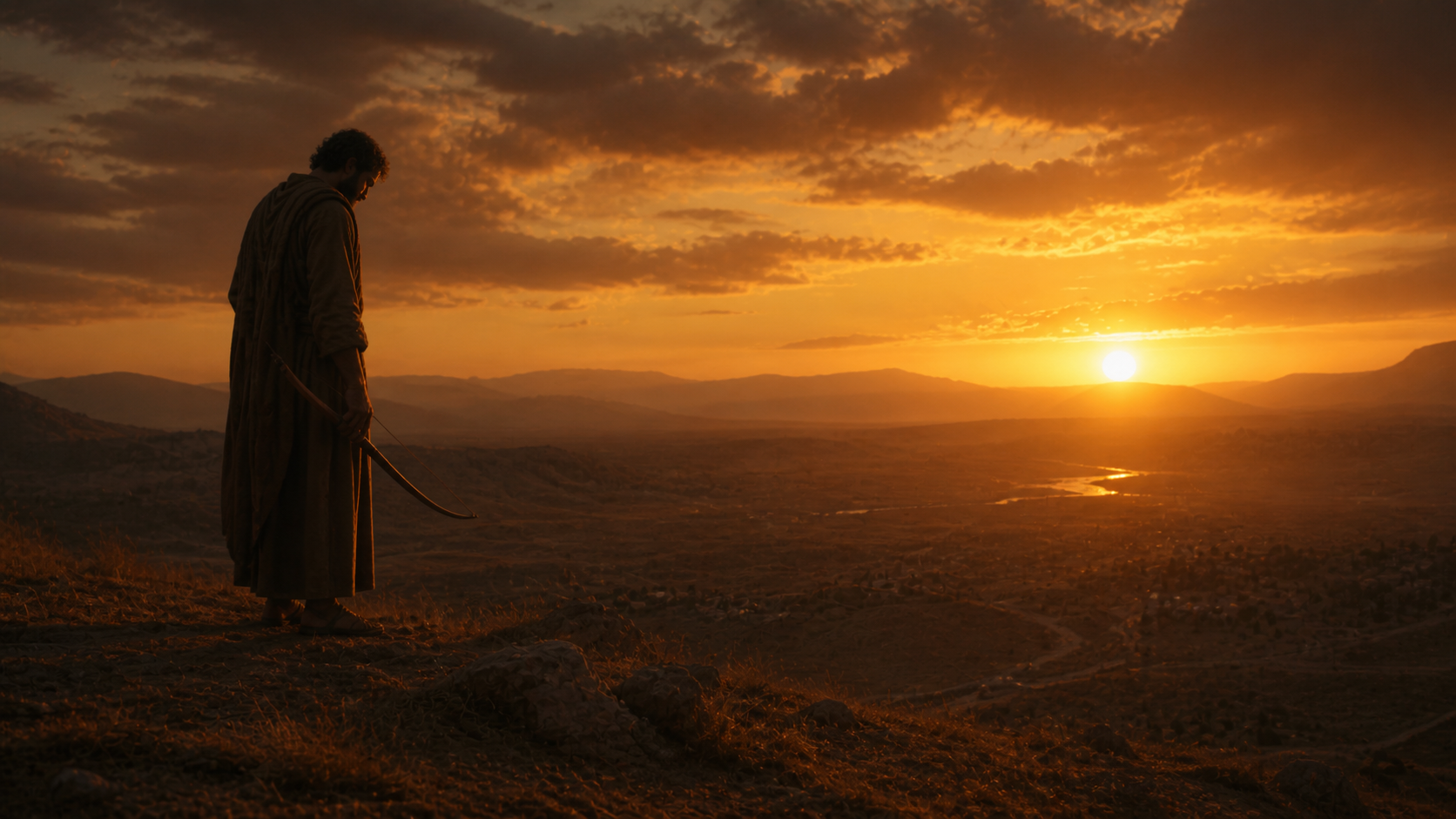 A solitary hunter on a high ridge at dusk with a bow at his side, evoking Esau's bitter cry after the lost blessing in Genesis 27
