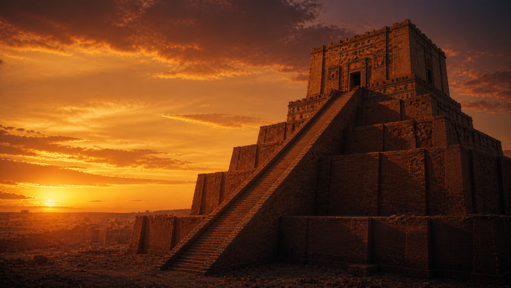 An ancient Mesopotamian ziggurat at dusk with its long stone staircase rising up the side, evoking the architectural reality behind Jacob's *sulam* dream in Genesis 28