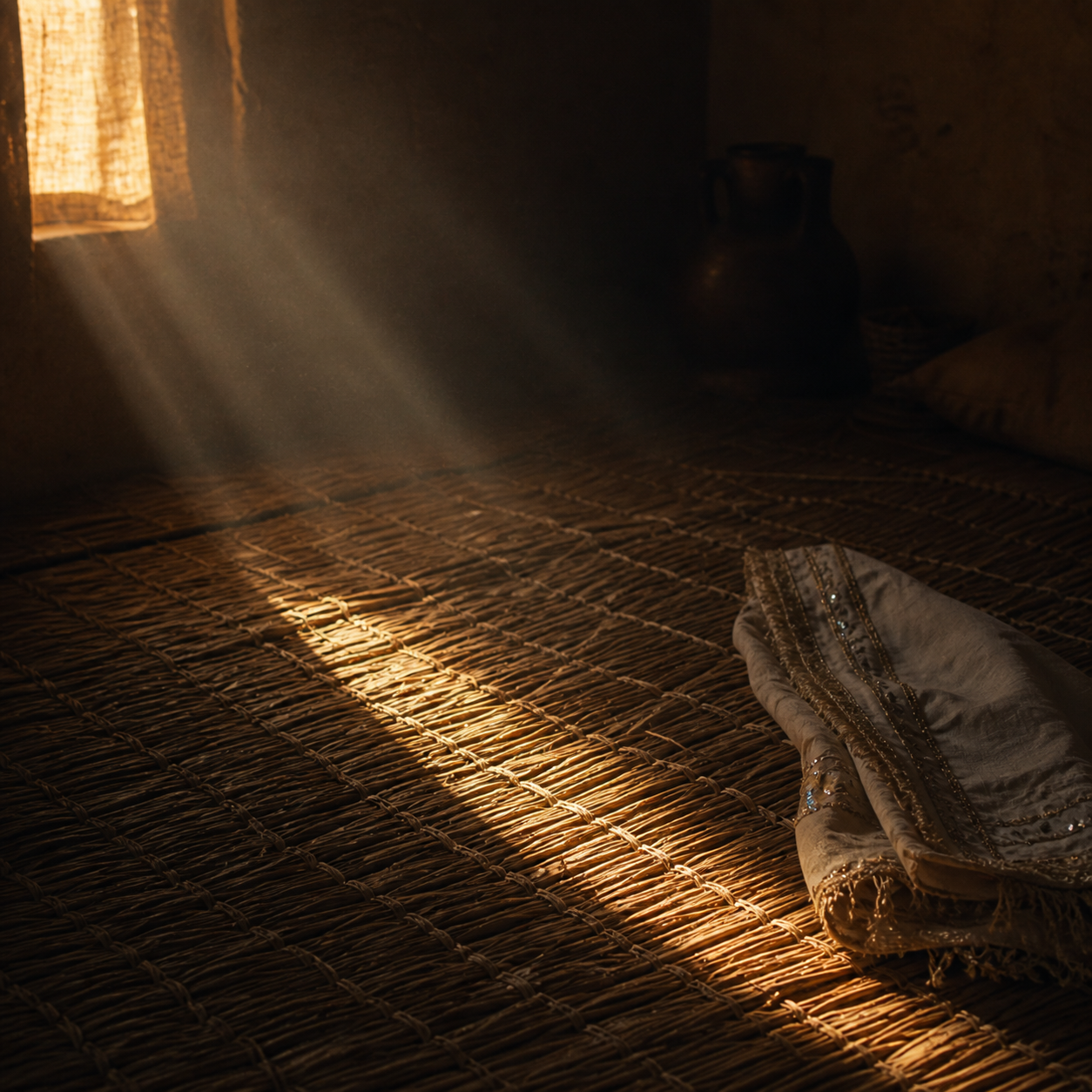 A shaft of morning light across a straw mat with a folded veil at the edge, evoking the morning recognition in Genesis 29 when Jacob discovered Leah
