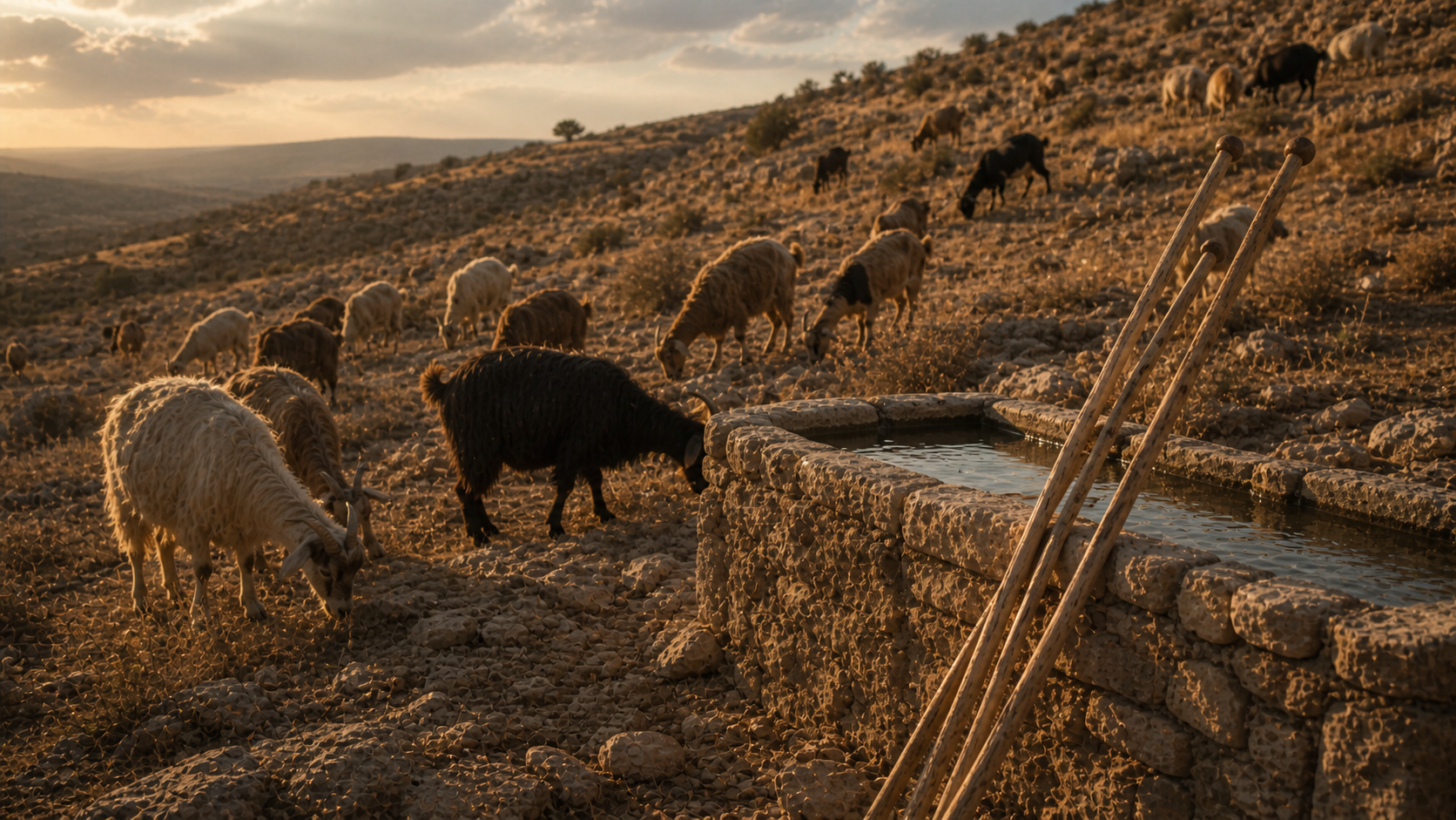 A flock of mixed-color goats grazing near peeled wooden rods at a water trough on a stony hillside, evoking Jacob's selective-breeding scheme in Genesis 30