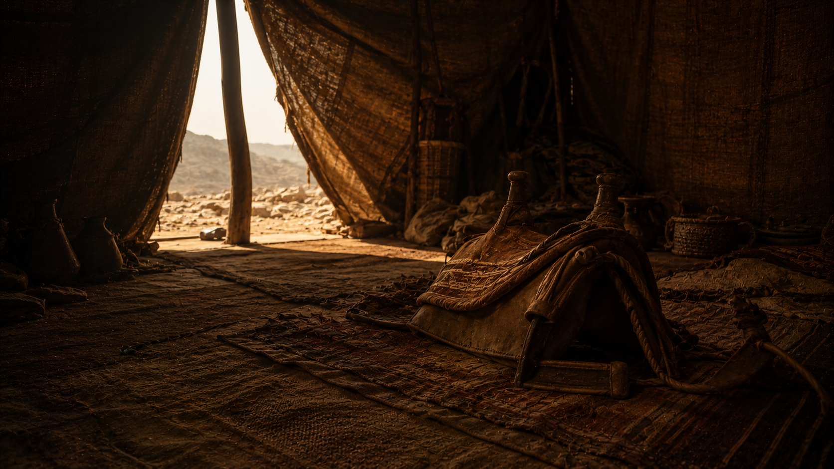 Rachel concealing her father's household gods inside a camel saddle within a desert tent, evoking Genesis 31:34
