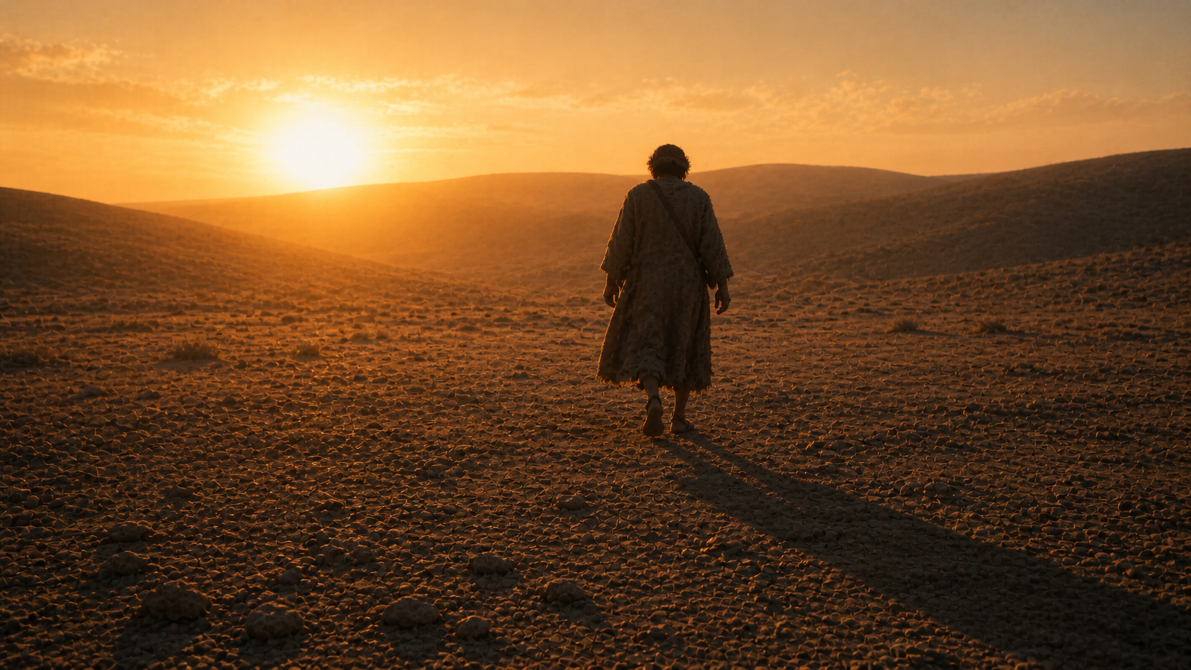 A single figure walking away across a rocky plain at sunrise with an uneven gait, evoking the limping Jacob after the wrestling at Peniel in Genesis 32
