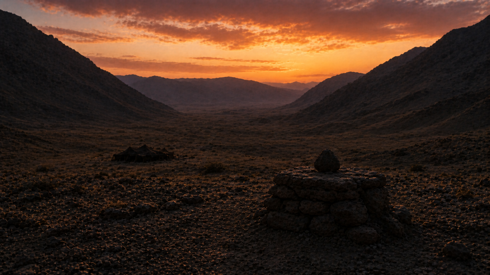A small stone altar at the entrance of a valley between two mountain ridges at dusk, evoking Jacob's altar El-Elohe-Israel at Shechem in Genesis 33