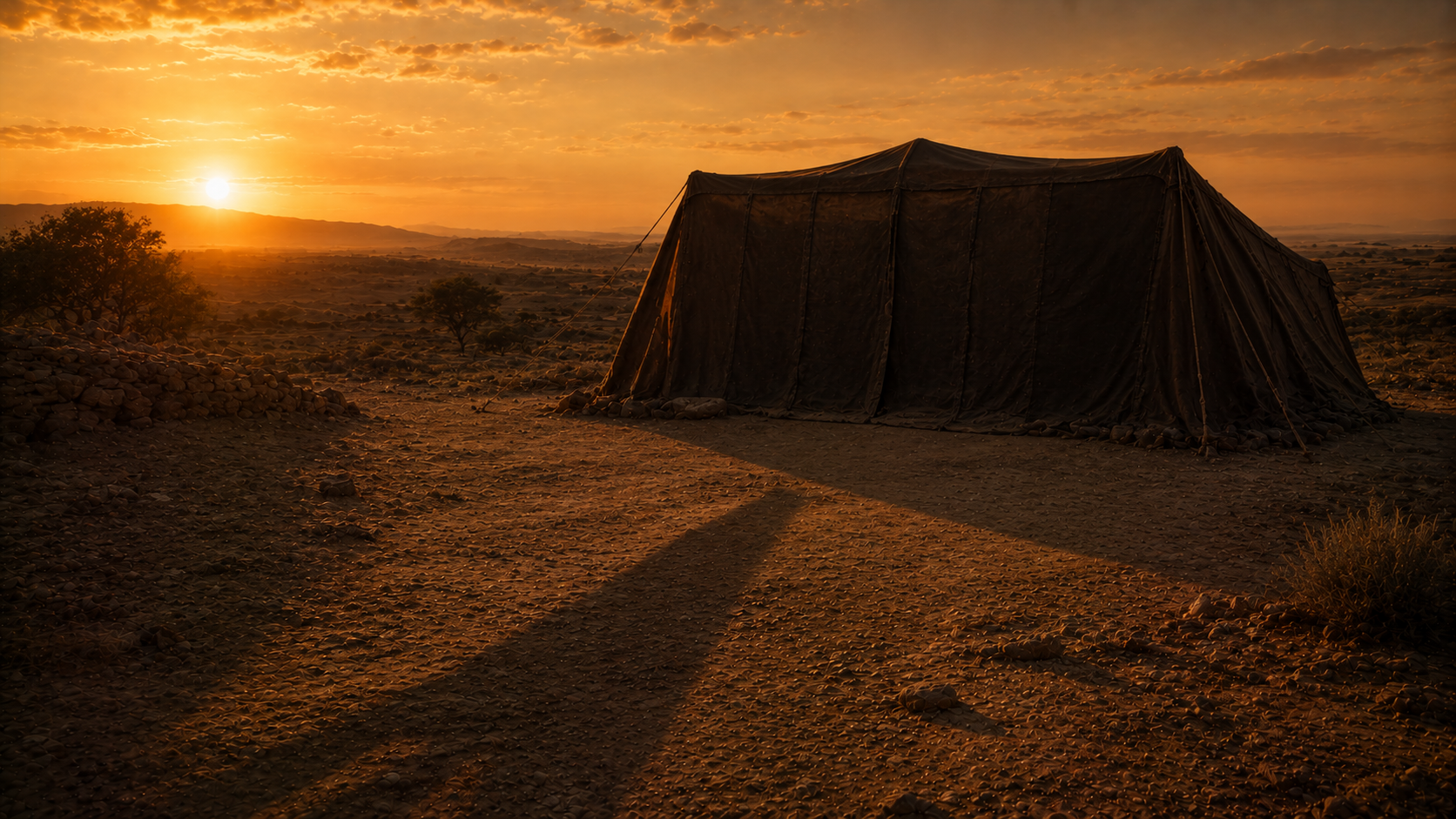 A closed Hebrew tent at dusk, evoking the violation of Dinah and the silence the chapter holds around her