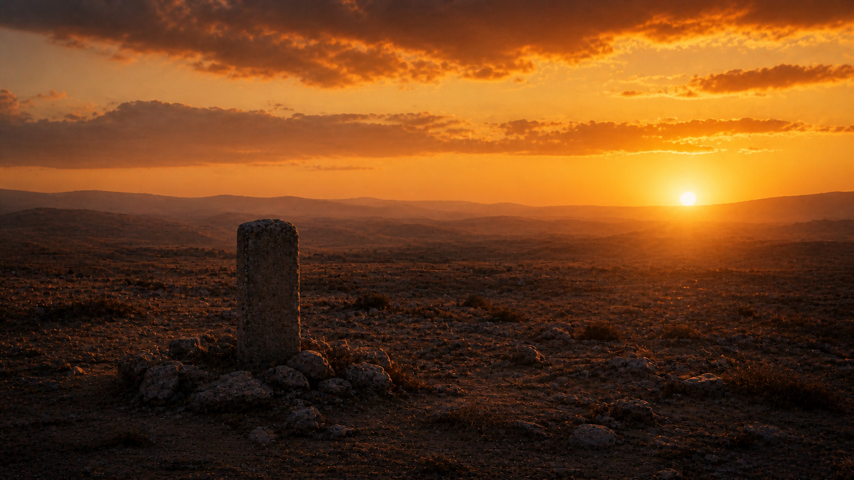 A single low stone pillar in an empty stony field at sunset, evoking Rachel's grave near Bethlehem in Genesis 35