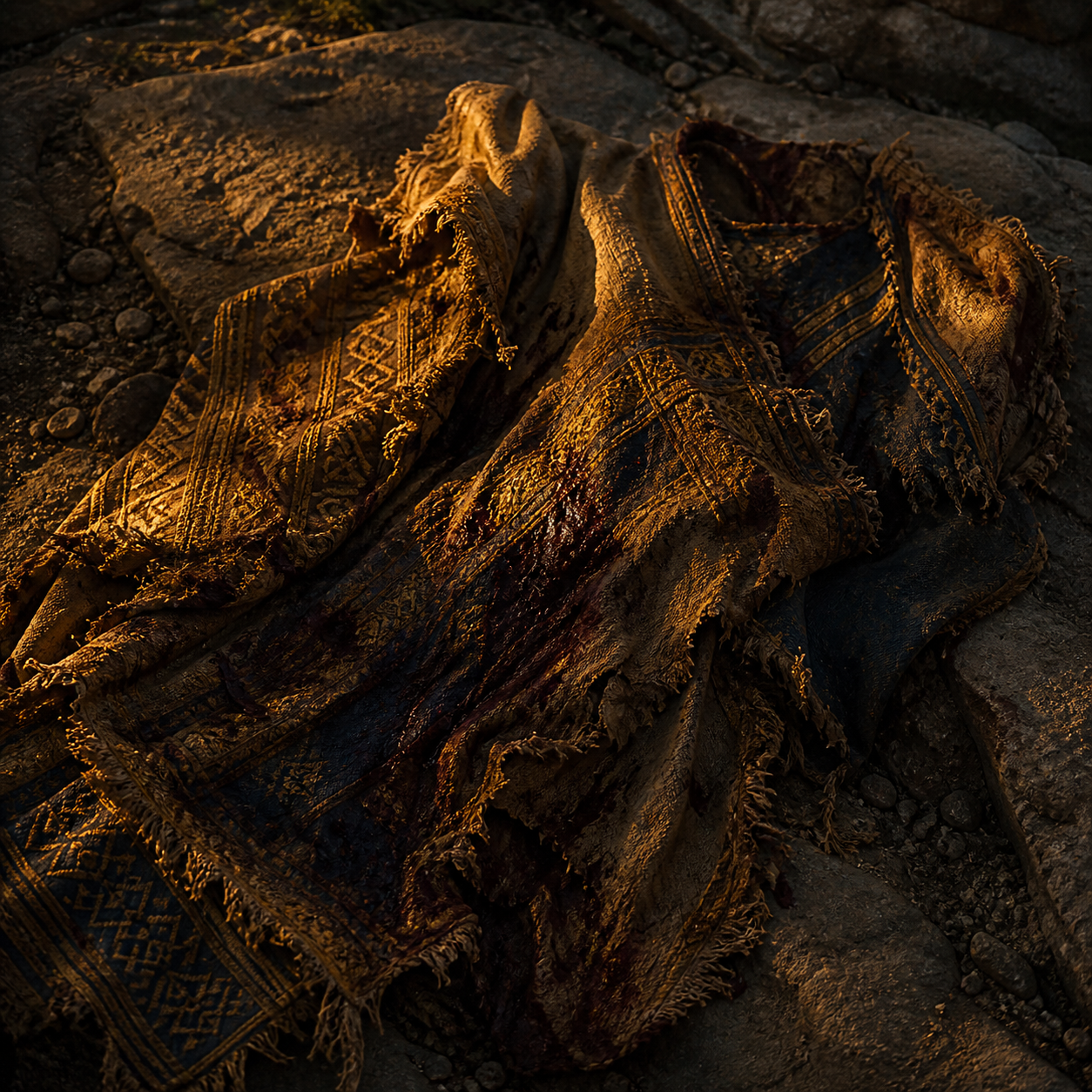 A torn ornamented garment with dark stains lying on rough stone at twilight, evoking Joseph's bloodstained coat in Genesis 37