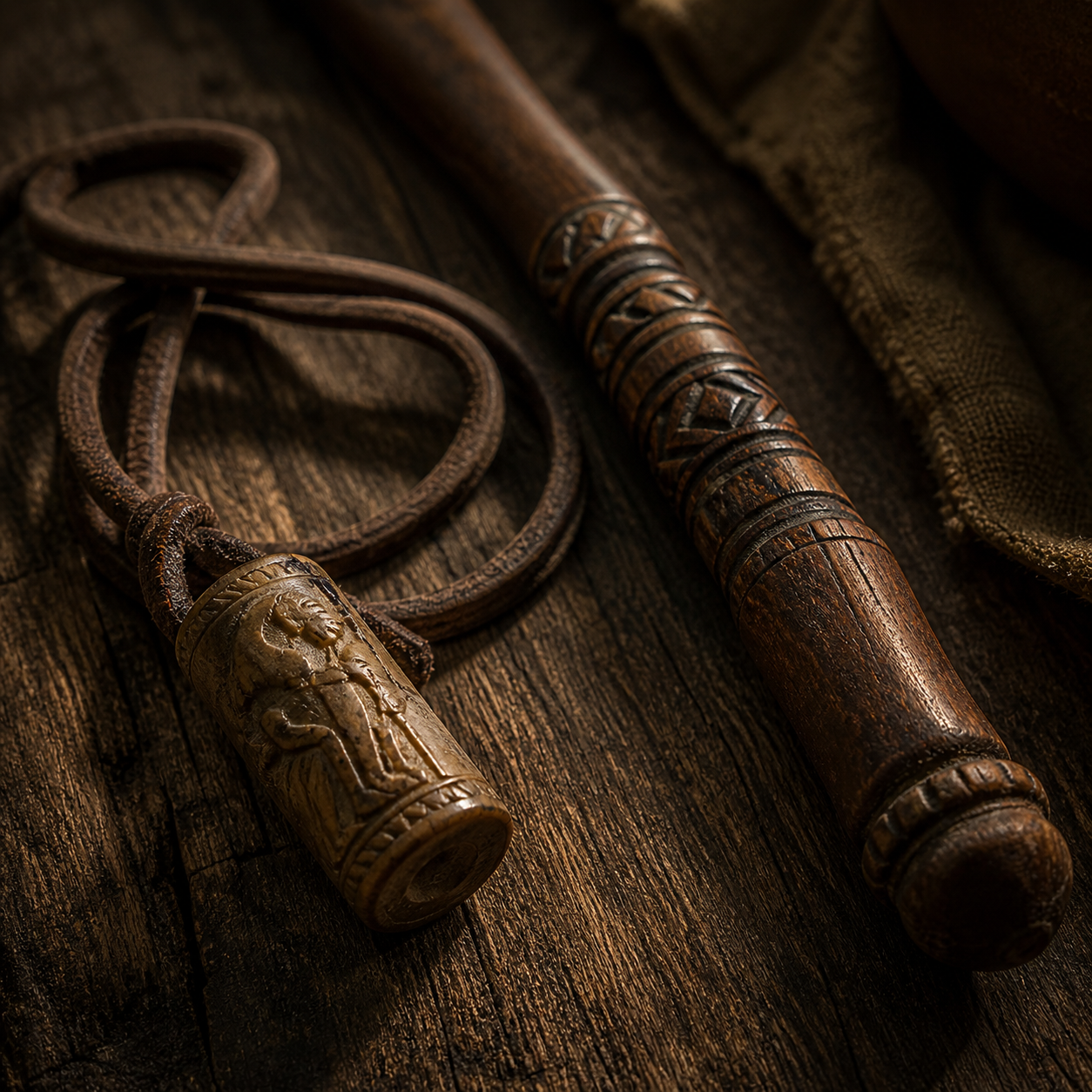 An ancient cylinder seal on a leather cord beside a carved walking staff on a wooden surface, evoking Judah's pledge to Tamar in Genesis 38