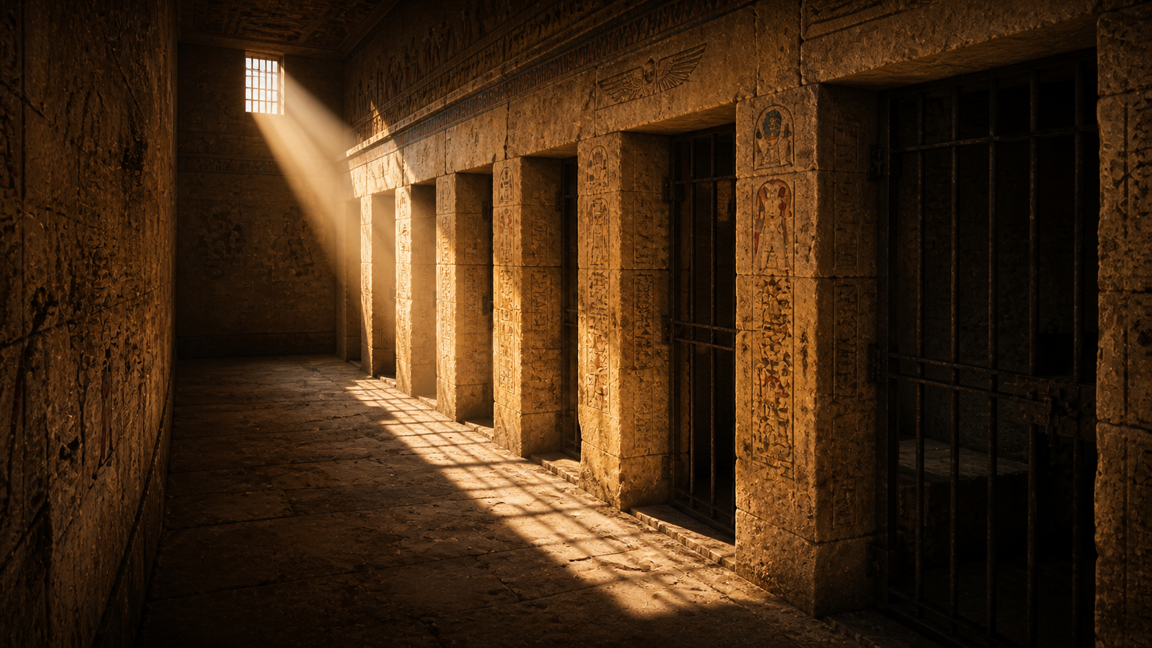 A stone-walled corridor in an ancient Egyptian palace prison lit by a high narrow window, evoking the prison where Joseph was sent in Genesis 39