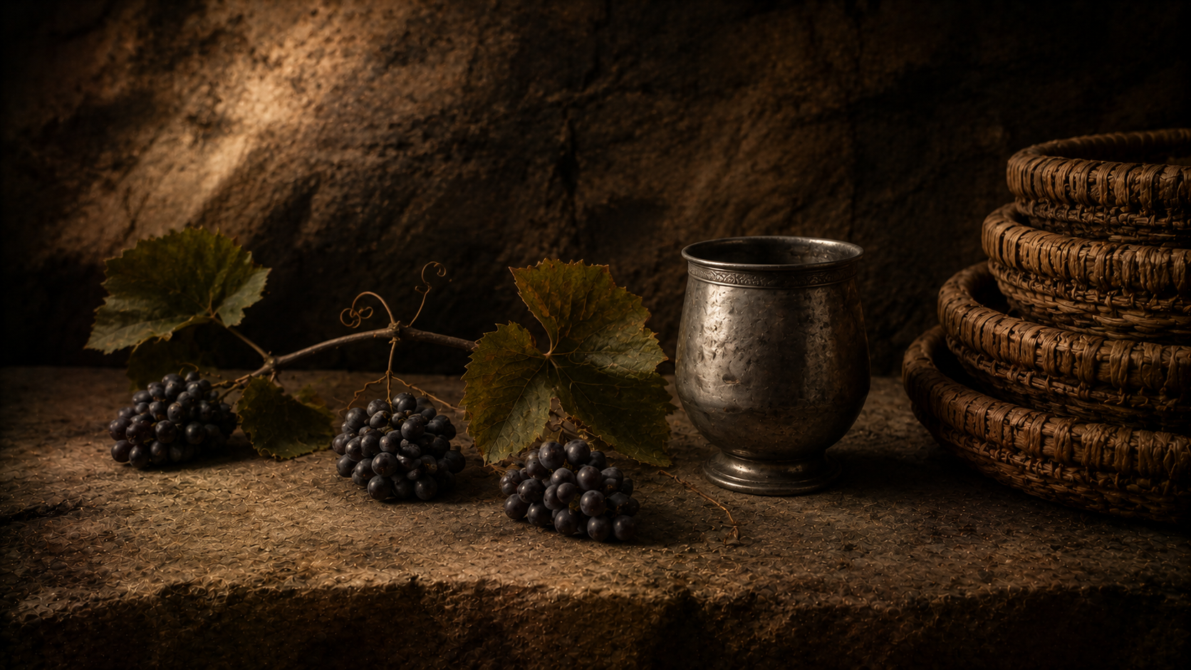 A three-branched grapevine with a cup and three woven baskets, evoking the cupbearer's and baker's dreams in Genesis 40
