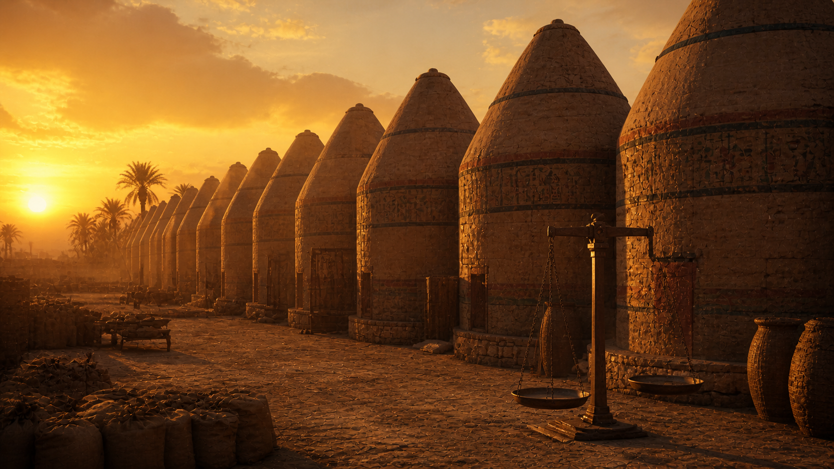 Long rows of ancient Egyptian grain silos at sunset, evoking Joseph's storehouse system in Genesis 41