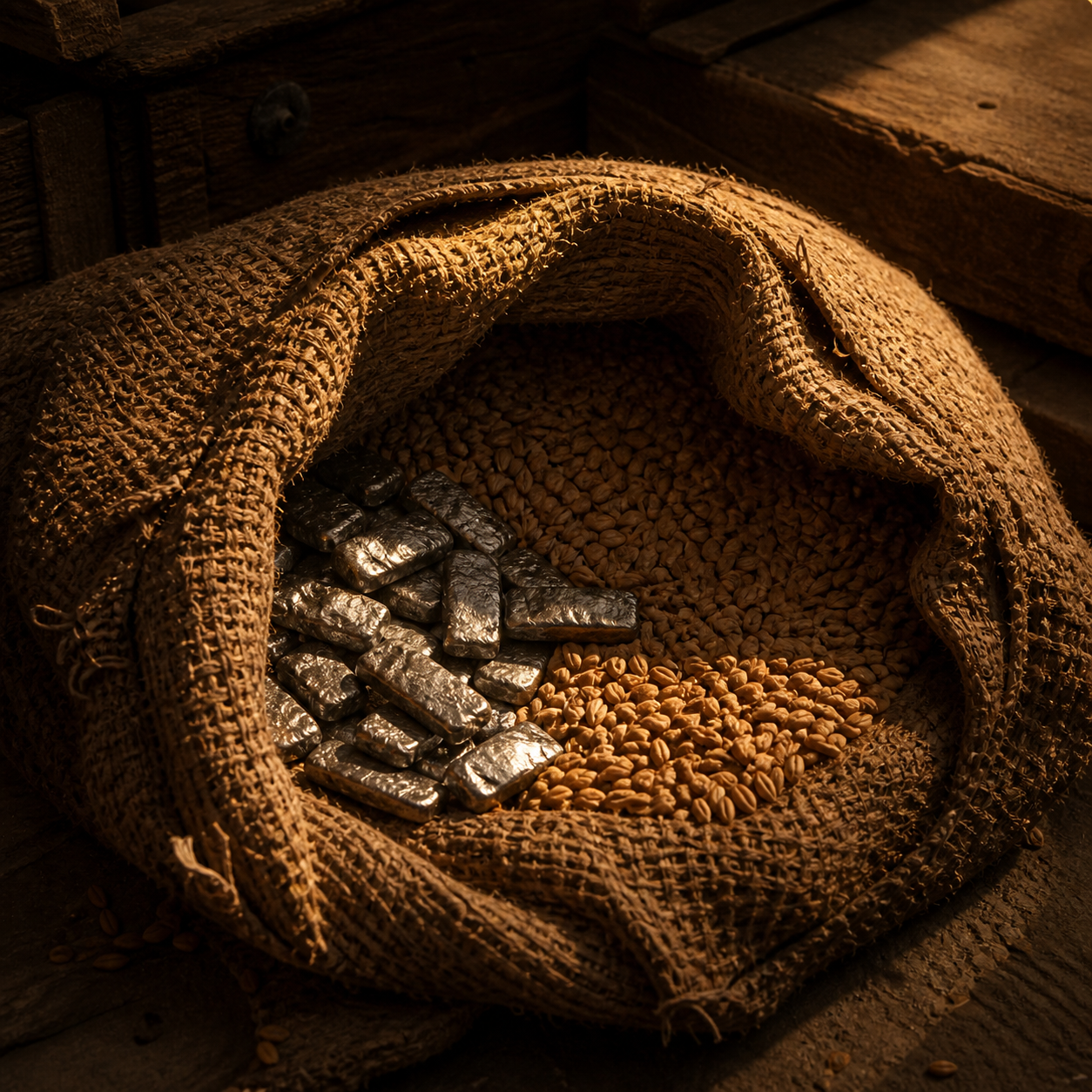 An opened woven sack revealing silver among grain, evoking the brothers' discovery of the returned money in Genesis 42