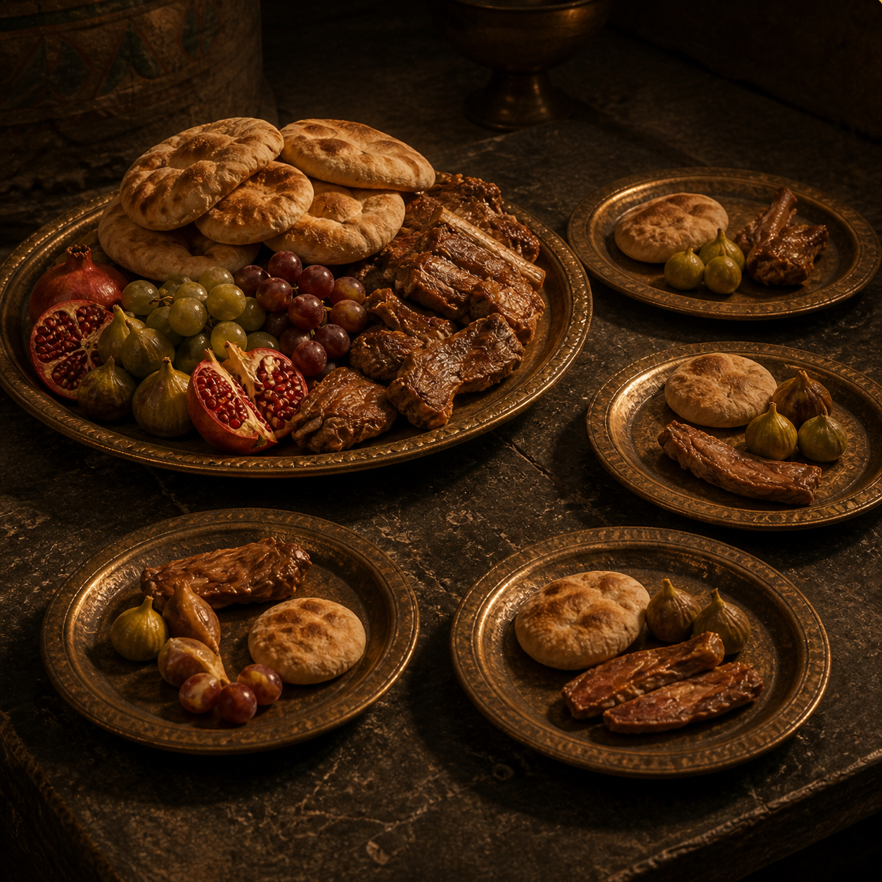 One bronze plate piled high beside four smaller plates on a stone table at lamplight, evoking Benjamin's fivefold portion at the meal at Joseph's house in Genesis 43