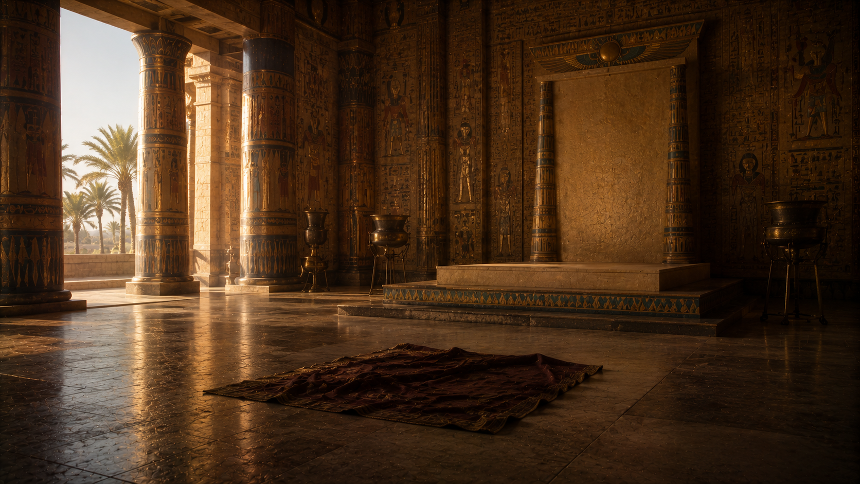 A folded cloak set on the floor before an Egyptian judgment seat, evoking Judah's offer to take Benjamin's place in Genesis 44