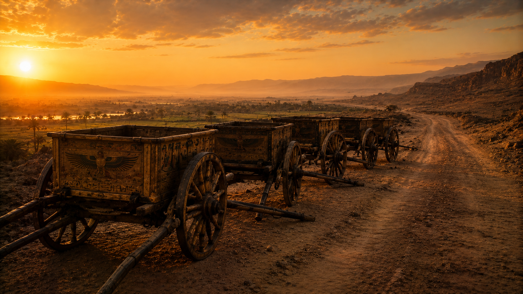 Egyptian wagons traveling along a dusty desert road at sunset, evoking the wagons Pharaoh sent to bring Jacob's household to Egypt in Genesis 45