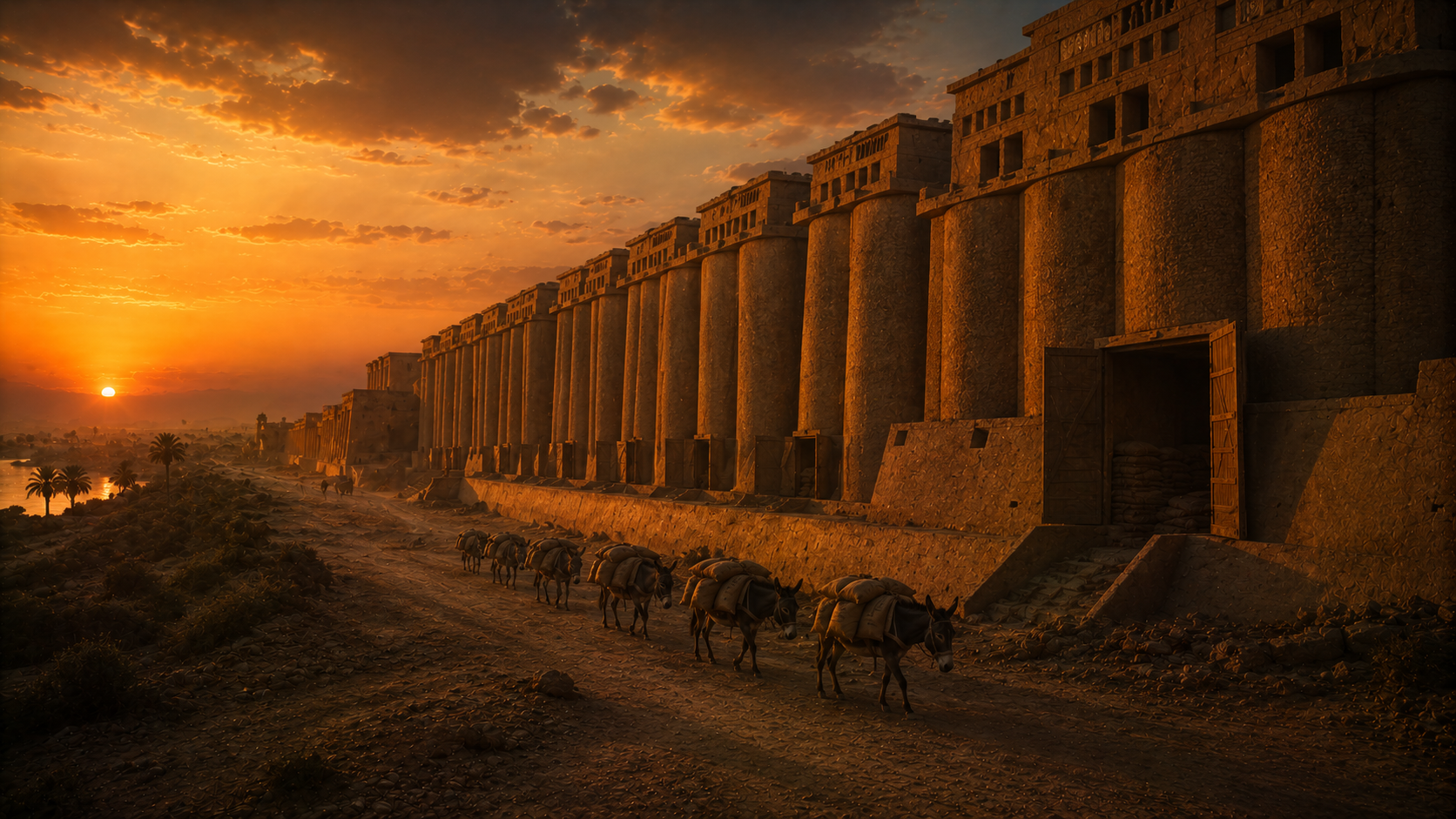Egyptian grain storehouses at twilight, evoking Joseph's grain administration and land policy during the famine in Genesis 47