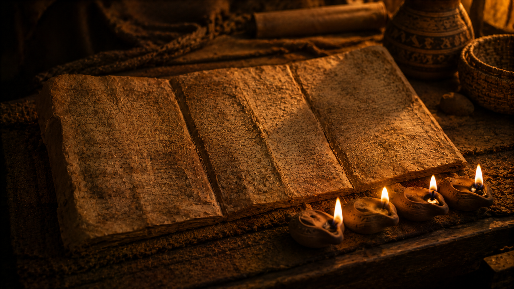 Three small oil lamps burning together on a low table, evoking the threefold patriarchal blessing in Genesis 48