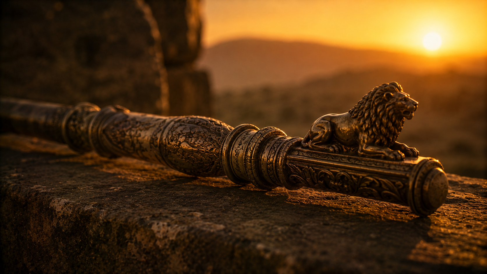 A reclining lion beside an ancient scepter resting on rough stone, evoking the lion of Judah and the scepter blessing in Genesis 49:9-10