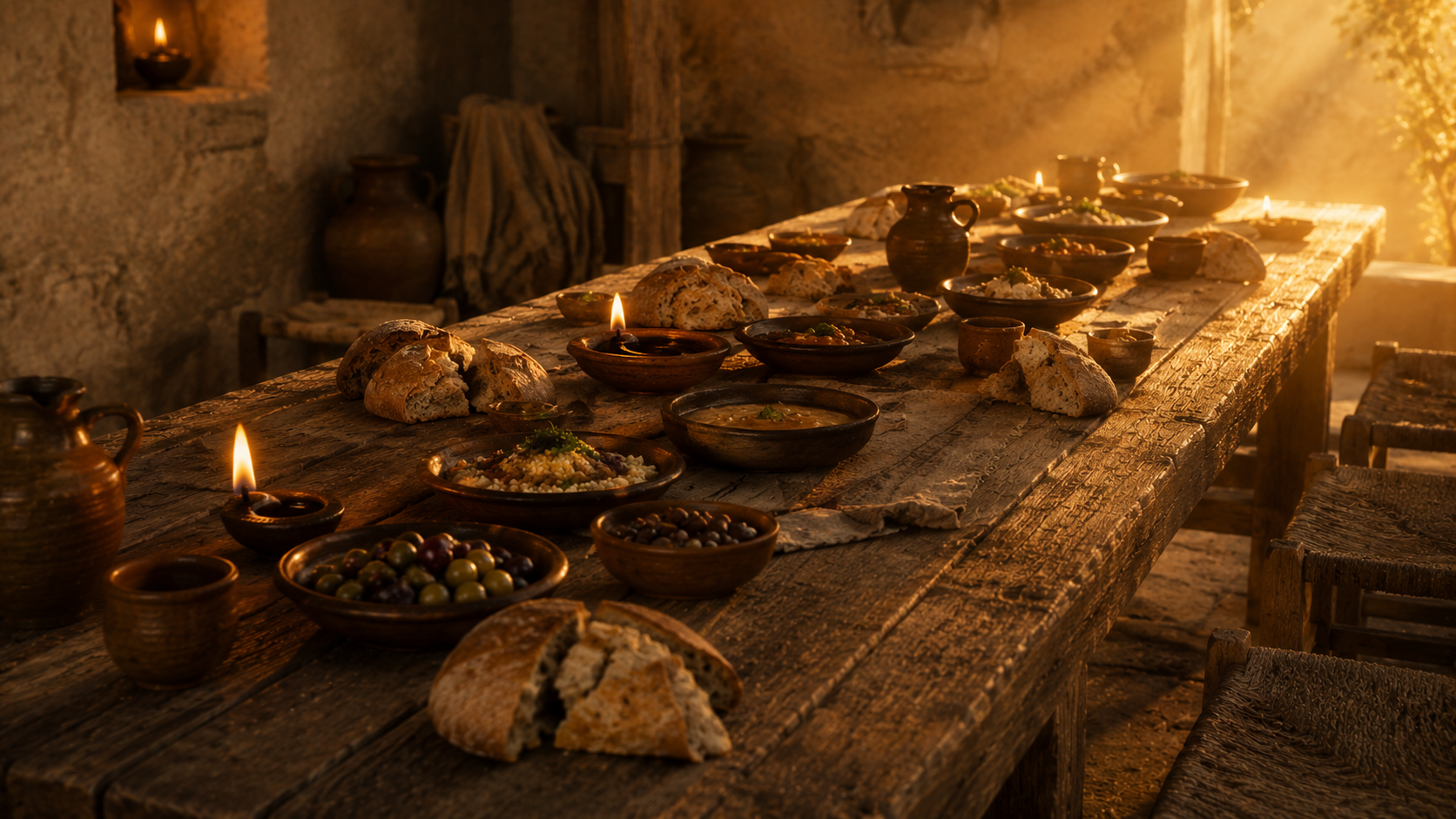 A long table set with bread and bowls for a community gathering, evoking the call not to forsake the assembling together at Hebrews 10:25
