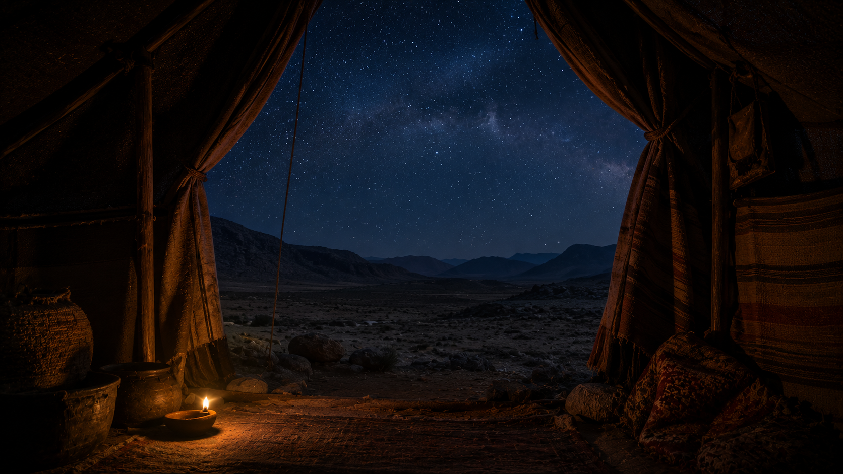 A tent flap open at night looking out to a star-filled desert sky, evoking the patriarchs as strangers and pilgrims seeking the city with foundations