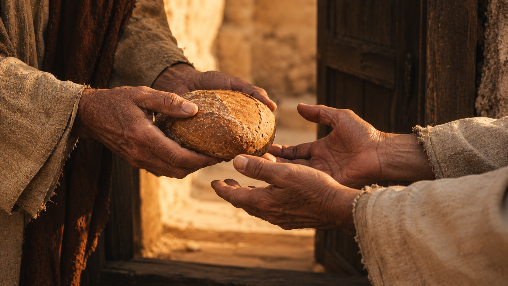Hands offering bread to another's open palms at a doorway, evoking the brotherly love and hospitality exhortations of Hebrews 13:1-2