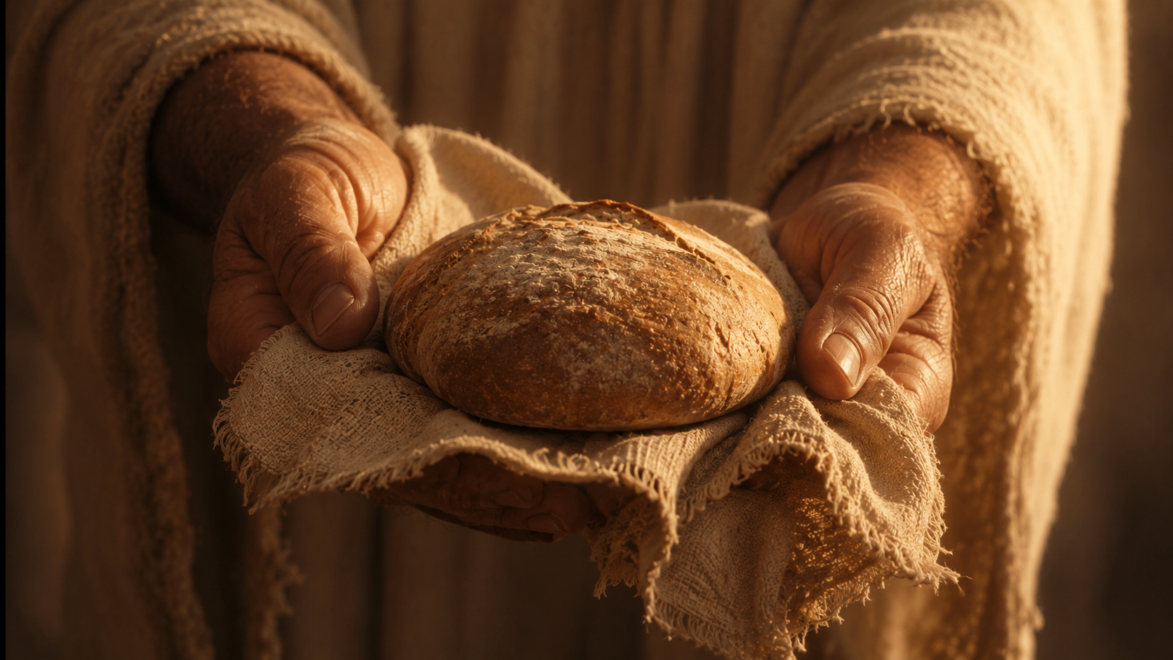 Hands offering a small loaf of bread, evoking the merciful and faithful high priest made like his brothers