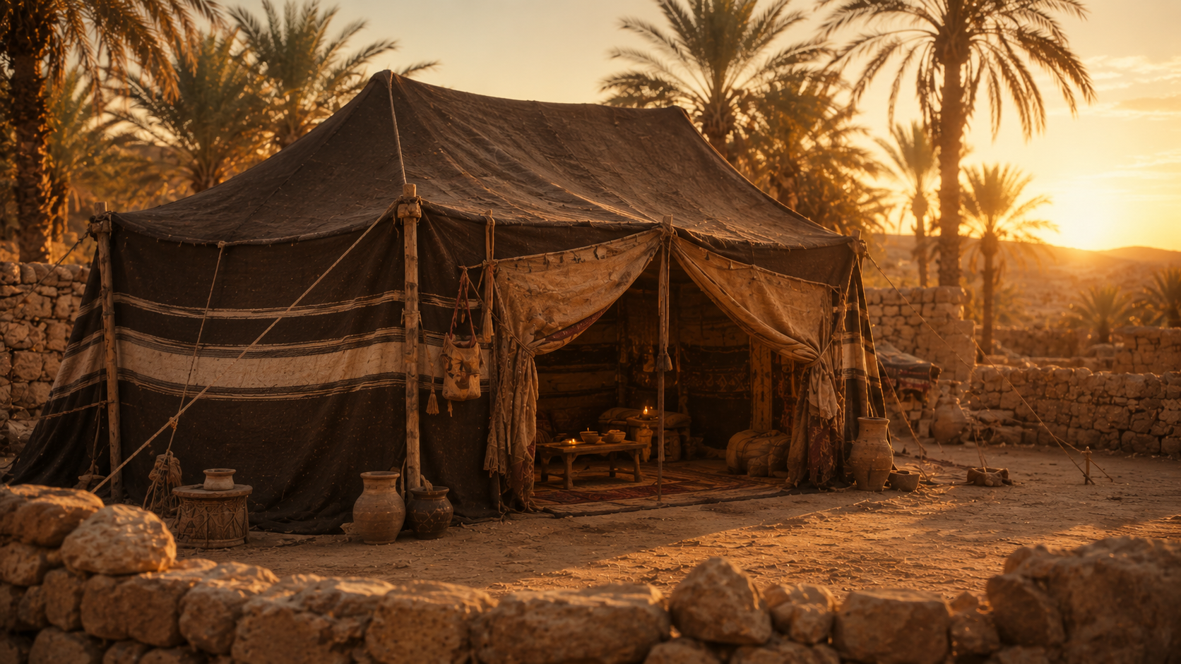 A traditional Bedouin household tent at golden hour, evoking the house of God image in which Moses served as faithful servant