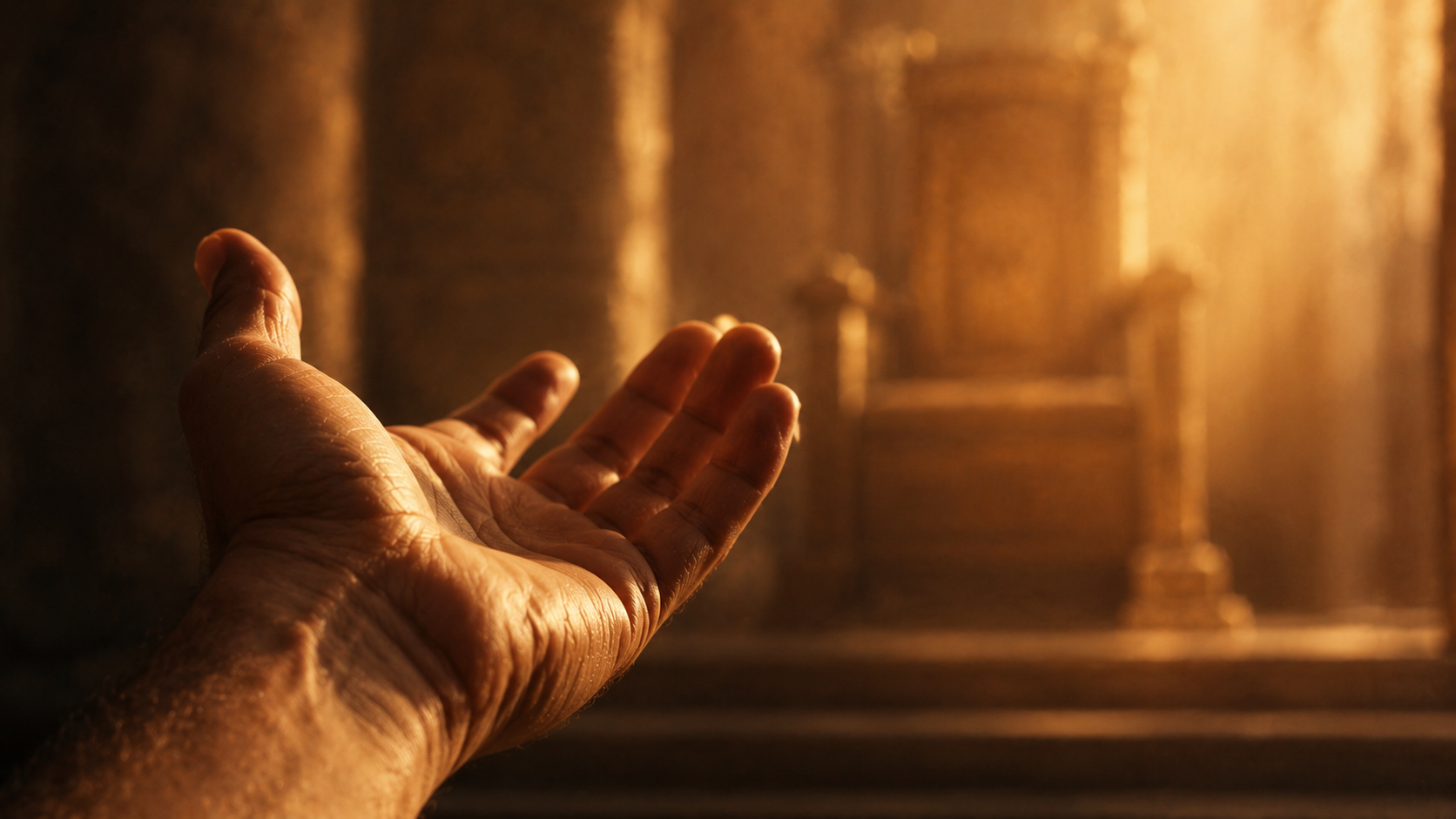 An open palm held forward toward a throne in soft warm light, evoking the call to draw near with boldness to the throne of grace