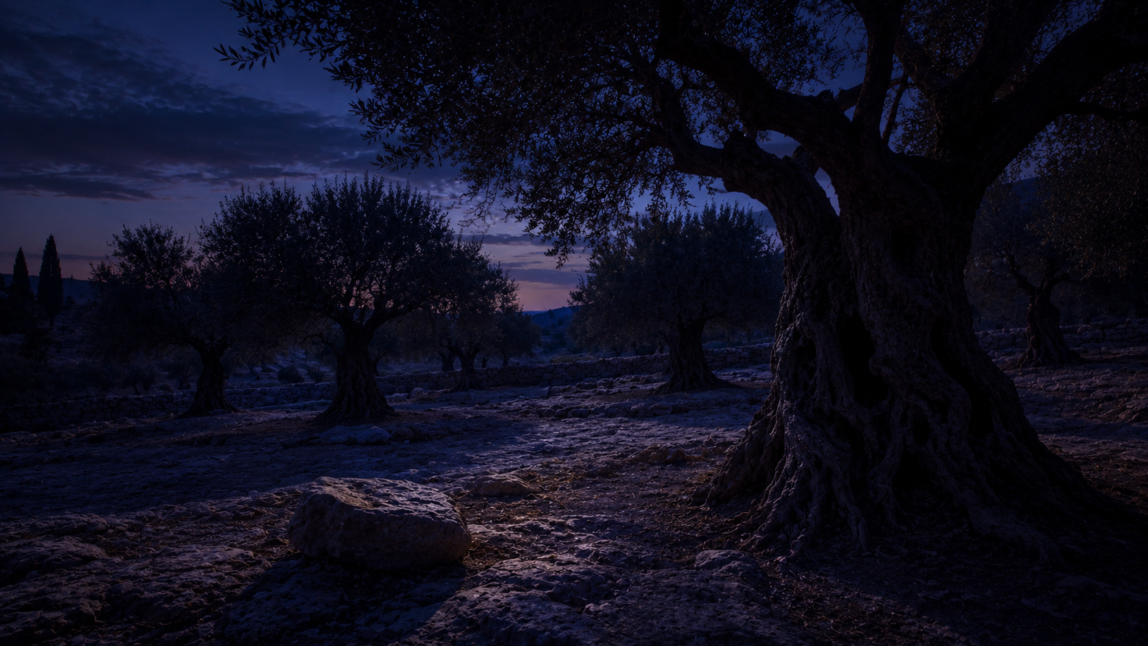An olive grove at deep dusk with a rock at the foreground, evoking the days of his flesh, with strong crying and tears at Hebrews 5:7