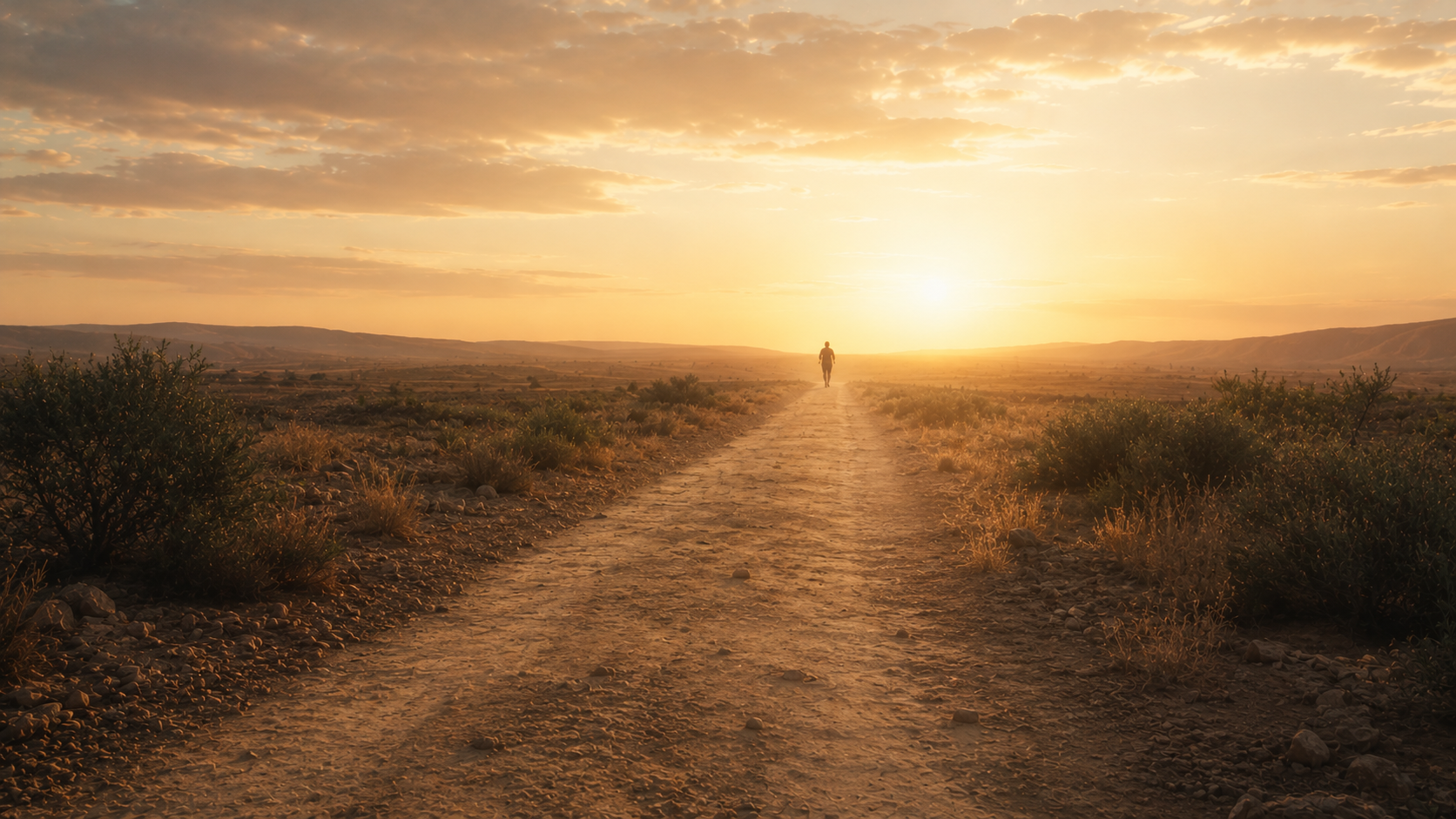 A long path with a distant silhouetted figure running ahead at dawn, evoking Jesus the forerunner of Hebrews 6:20