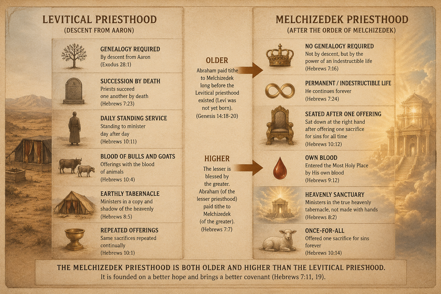 Diagram comparing the Melchizedek priesthood and the Levitical priesthood on key features