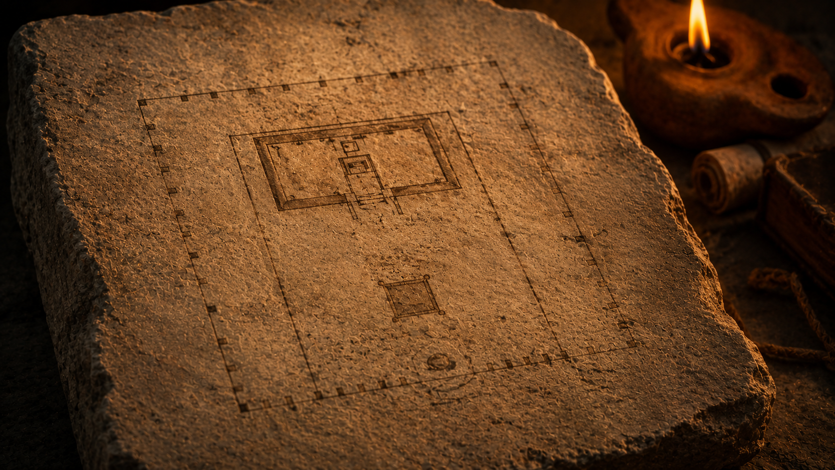 A floor plan of a tent sanctuary etched on stone in lamplight, evoking Exodus 25:40's pattern shown to Moses on the mountain