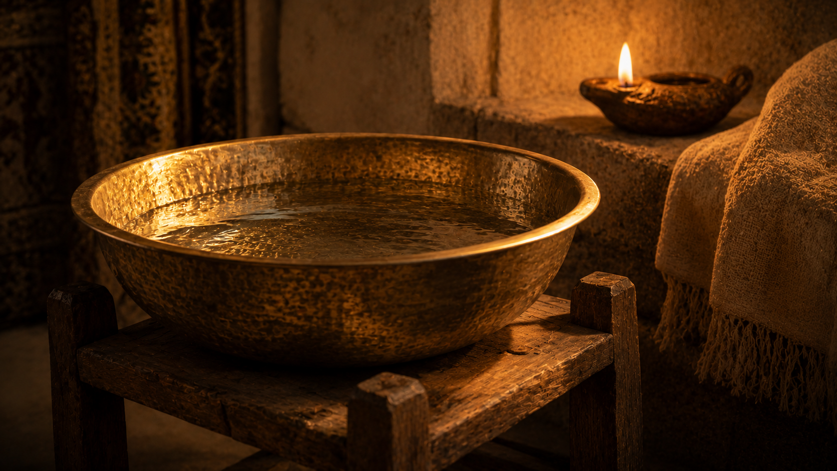A brass basin of clear water on a wooden stand in lamplight, evoking the cleansed conscience of Hebrews 9:14