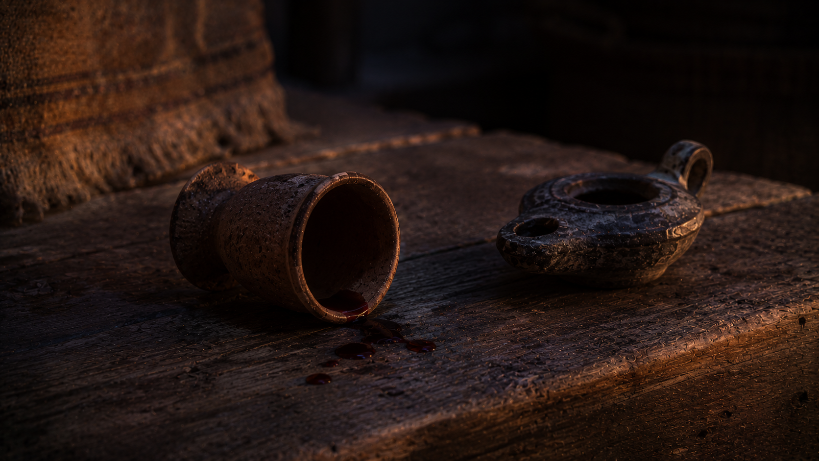An overturned wine cup beside an unlit lamp at dusk, evoking the priestly wine prohibition at Leviticus 10:9