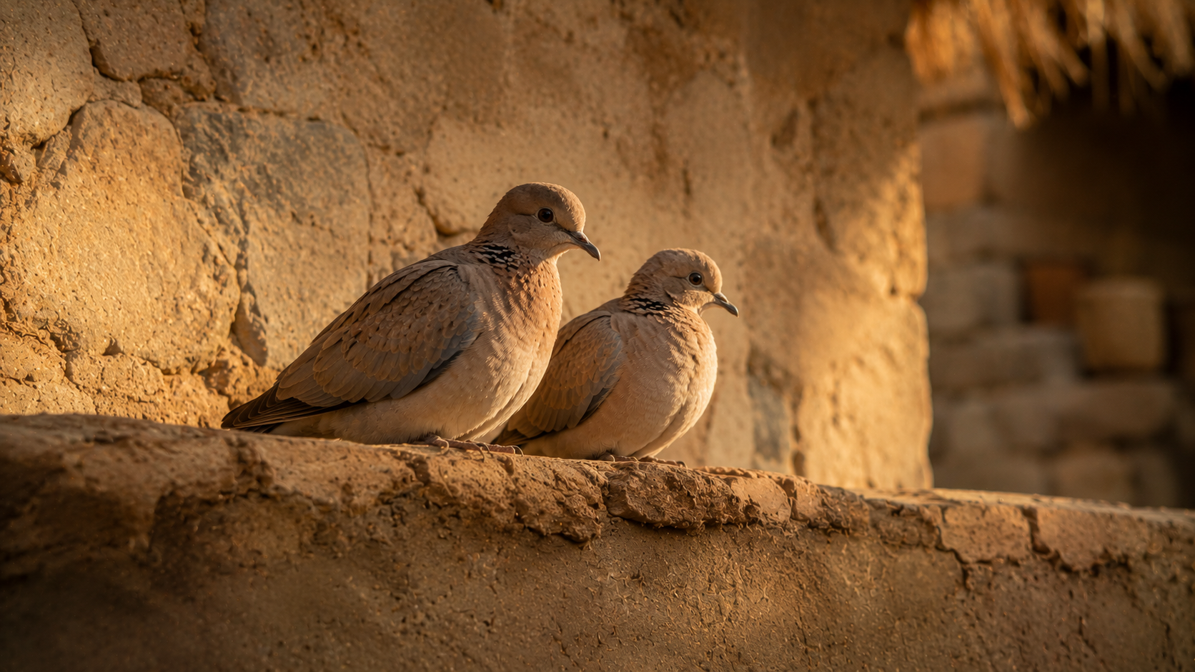 Two turtledoves perched on a clay ledge, evoking Mary and Joseph's offering at Luke 2:24 from Leviticus 12:8