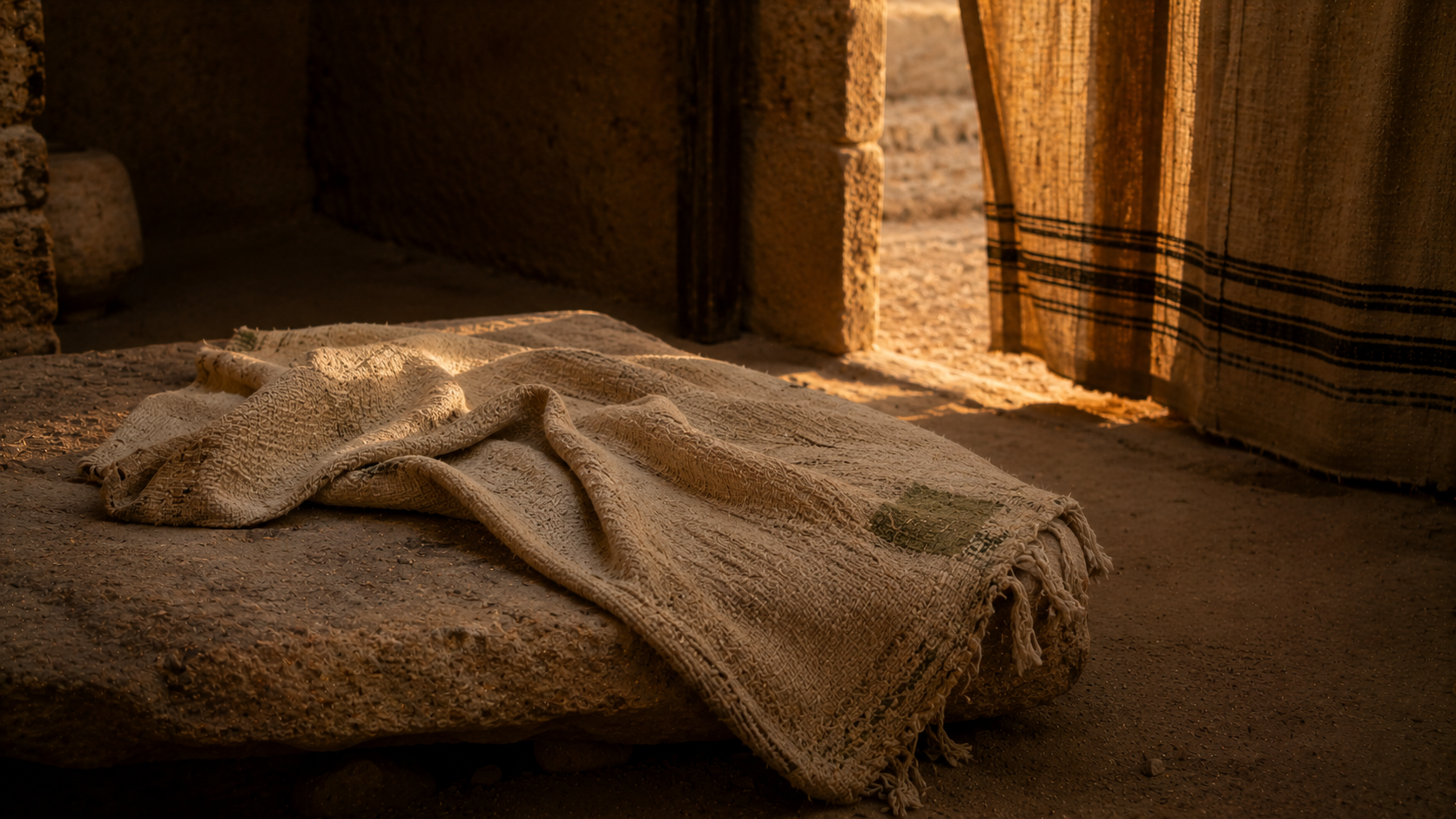 A woolen cloak with a small greenish discolored patch on a stone, evoking the chapter's extension of *tzaraat* examination to garments