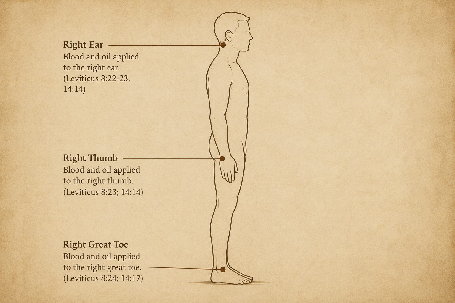Body silhouette diagram showing the ear, thumb, and toe consecration points shared between priestly ordination and leper cleansing