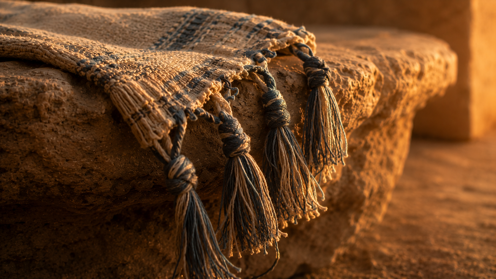 A cloak corner with tzitzit tassels, evoking the bleeding woman who touched Jesus's garment
