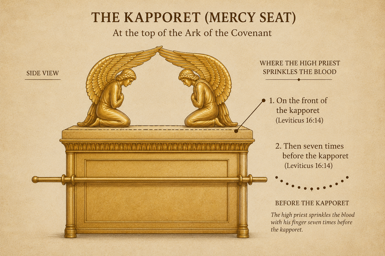 Diagram of the kapporet mercy seat with two cherubim, showing the blood-application points of the Day of Atonement